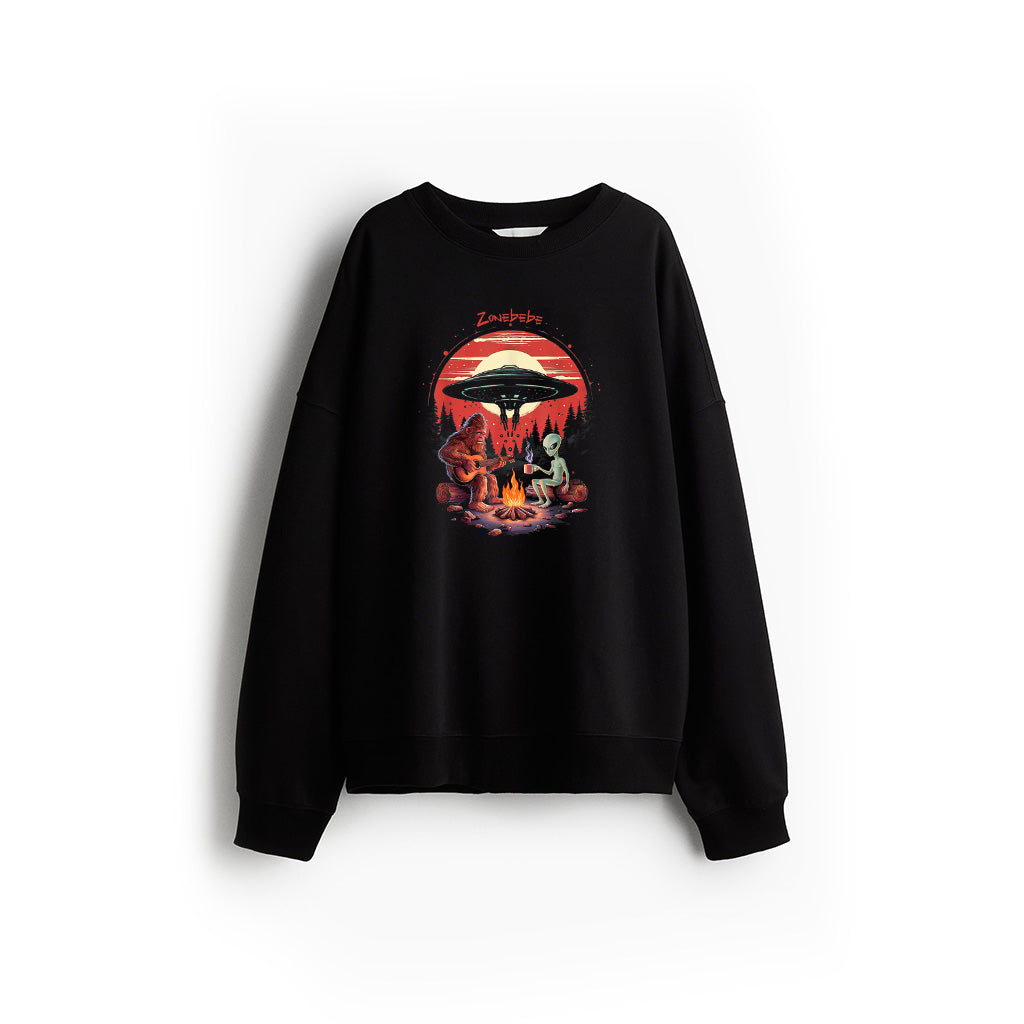 Alien And Bigfoot Campfire Sasquatch UFO For Outdoor Lovers Sweatshirt