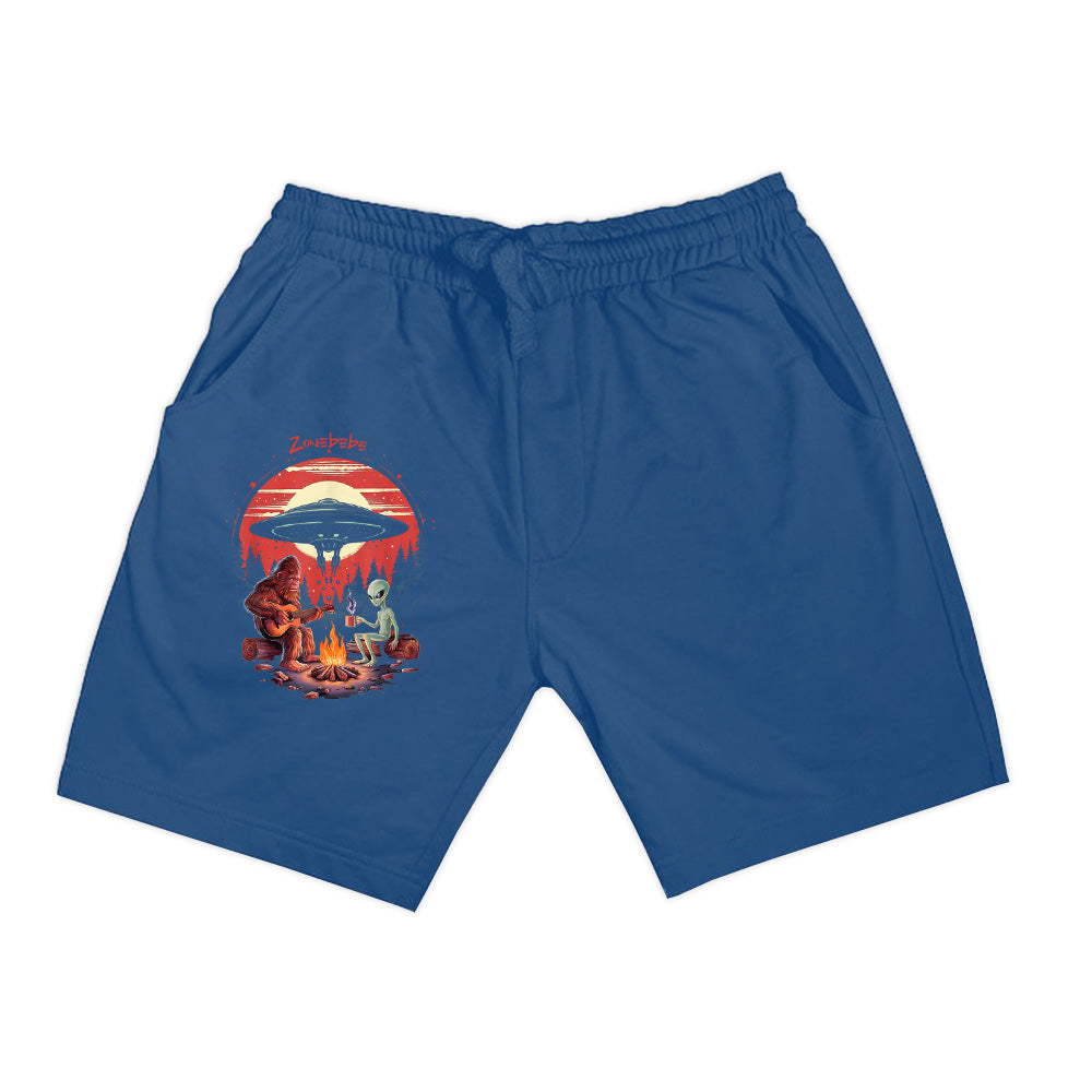Alien And Bigfoot Campfire Sasquatch UFO For Outdoor Lovers Shorts