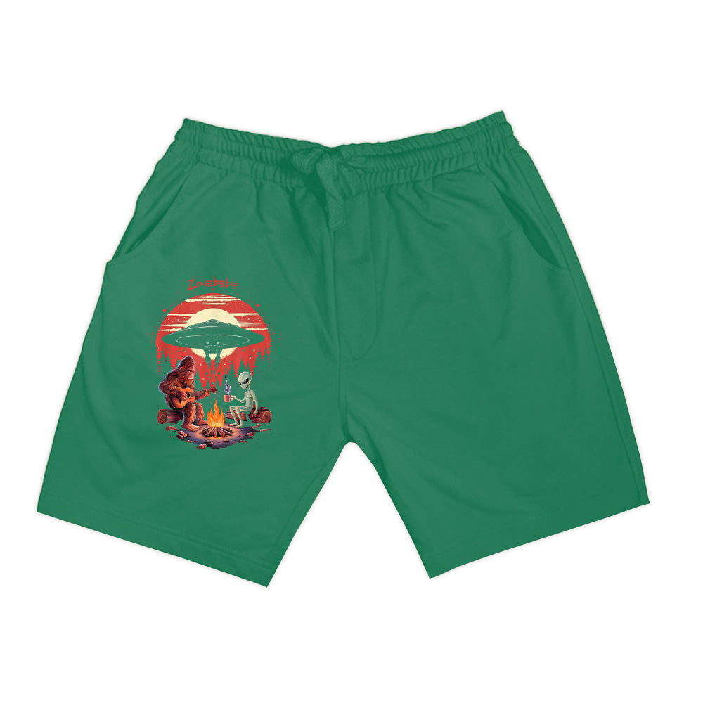 Alien And Bigfoot Campfire Sasquatch UFO For Outdoor Lovers Shorts