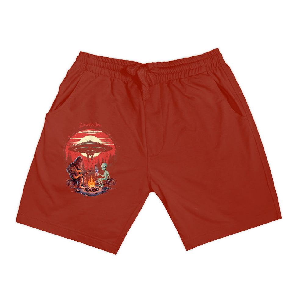 Alien And Bigfoot Campfire Sasquatch UFO For Outdoor Lovers Shorts