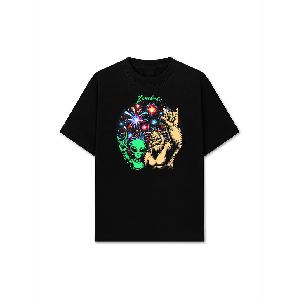 Alien Bigfoot Rock 4Th Of July Fireworks UFO Sasquatch Fan T-Shirt