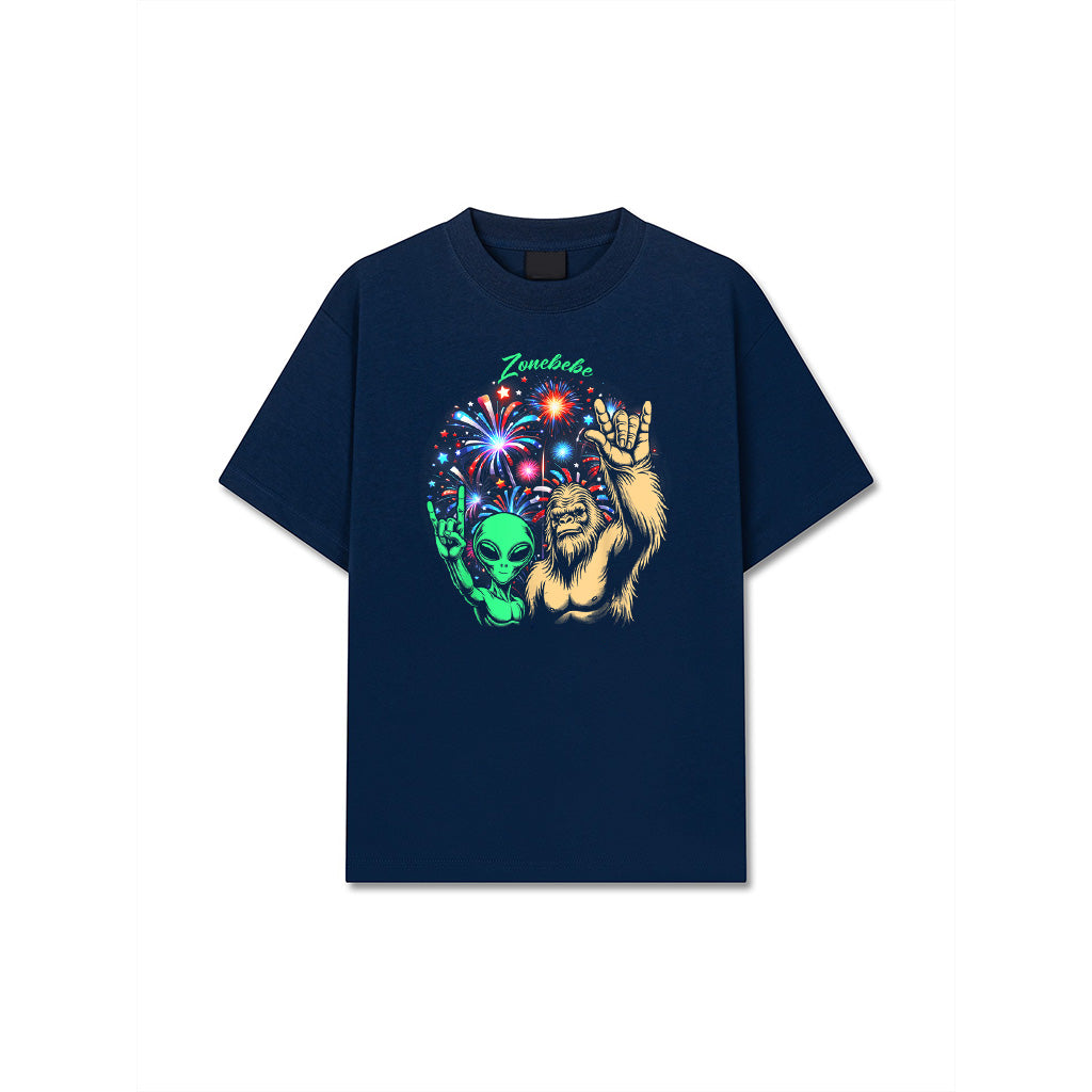 Alien Bigfoot Rock 4Th Of July Fireworks UFO Sasquatch Fan T-Shirt