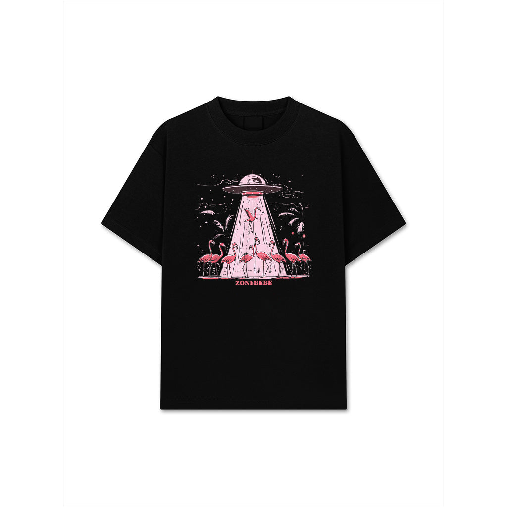 Alien UFO Abducting Flamingos Funny T-Shirt