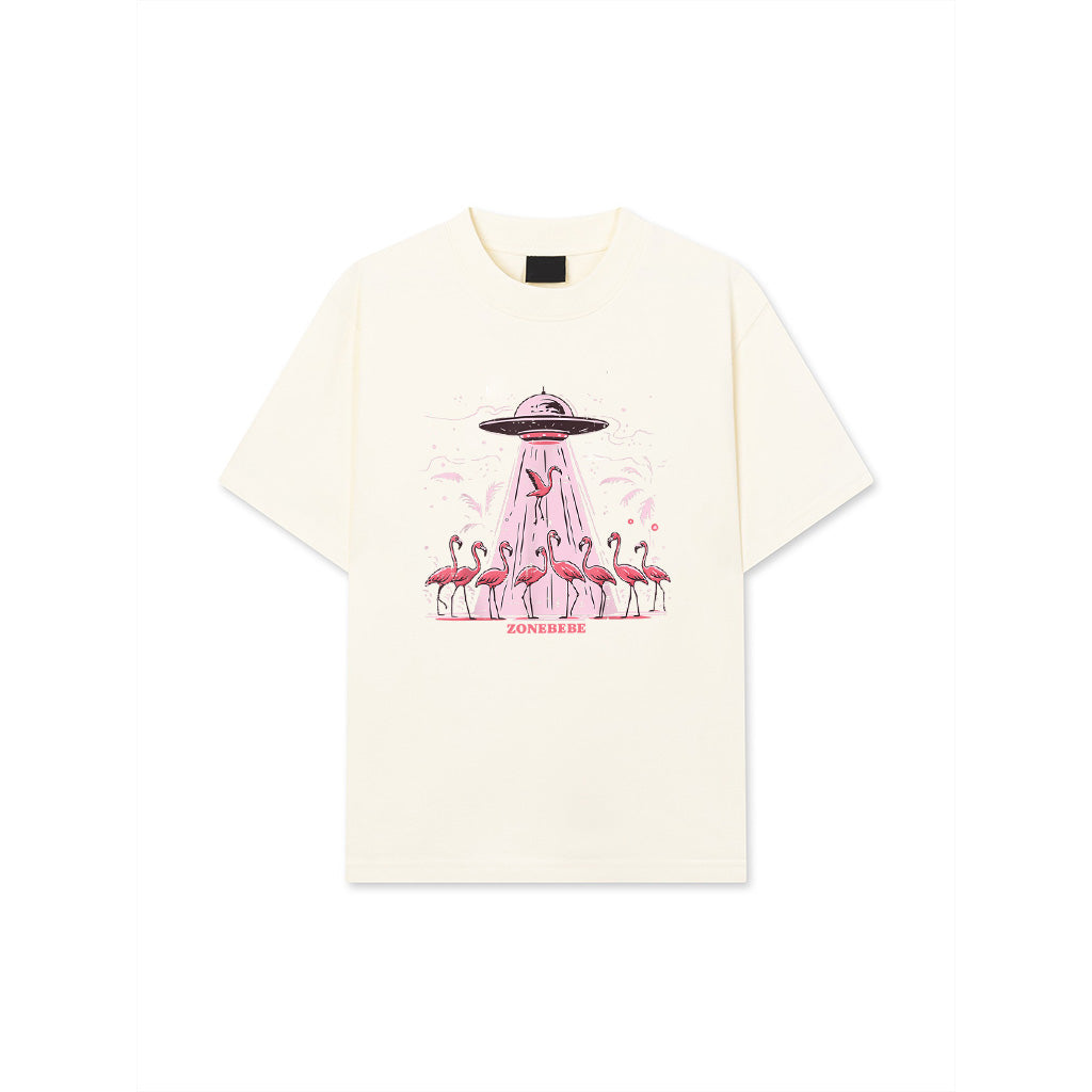 Alien UFO Abducting Flamingos Funny T-Shirt