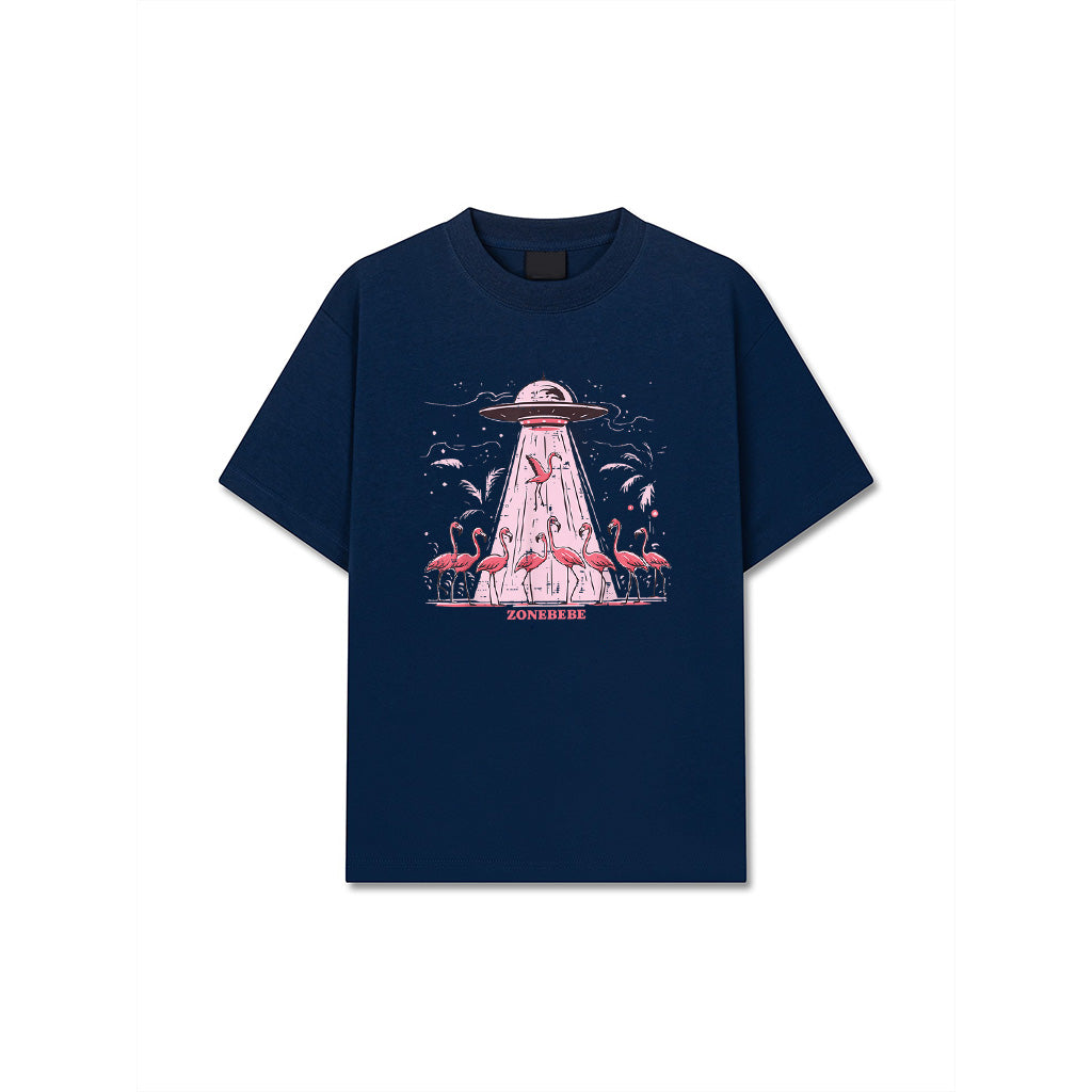 Alien UFO Abducting Flamingos Funny T-Shirt