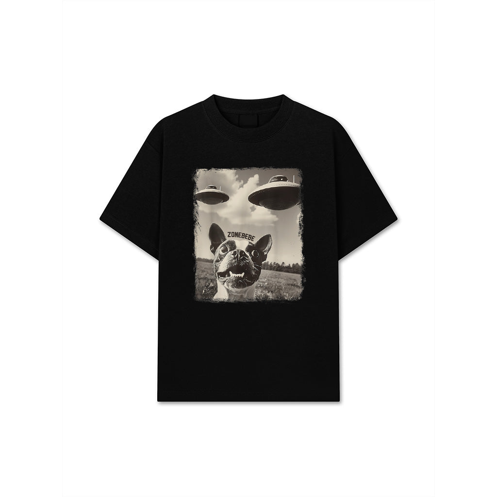 Boston Terrier Dog UFO Alien Extraterrestrial Selfie T-Shirt