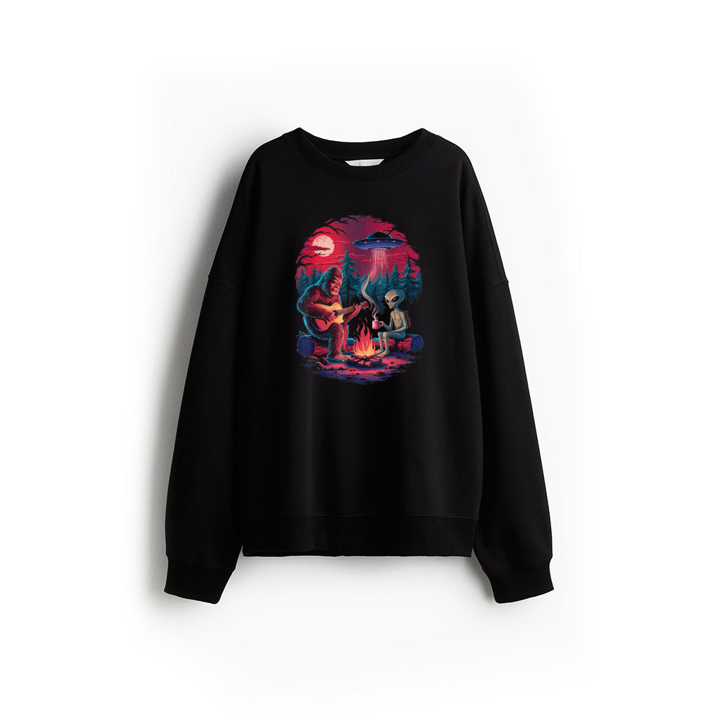 Funny Alien And Bigfoot Campfire Moon UFO Adventure Hiking Sweatshirt