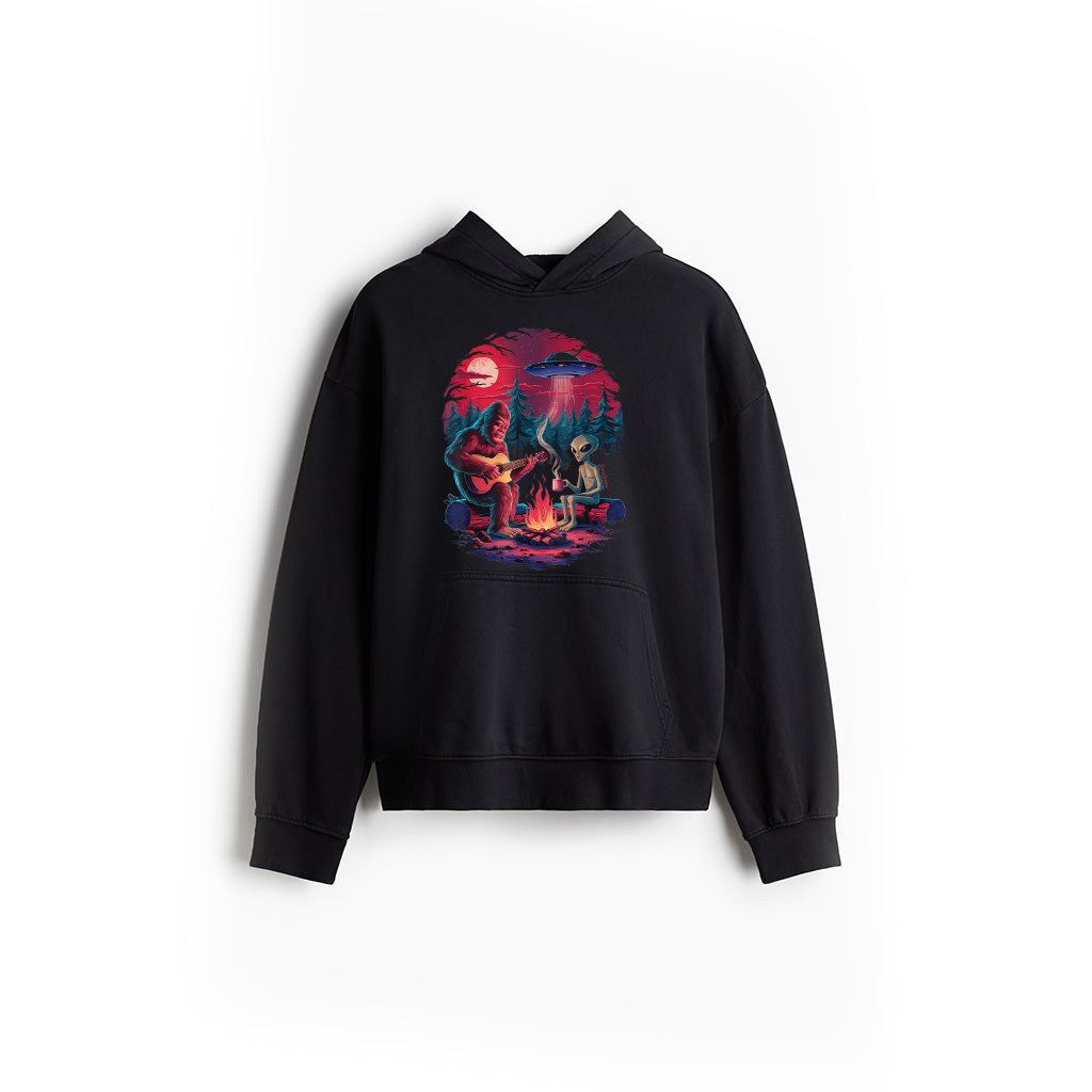 Funny Alien And Bigfoot Campfire Moon UFO Adventure Hiking Hoodie