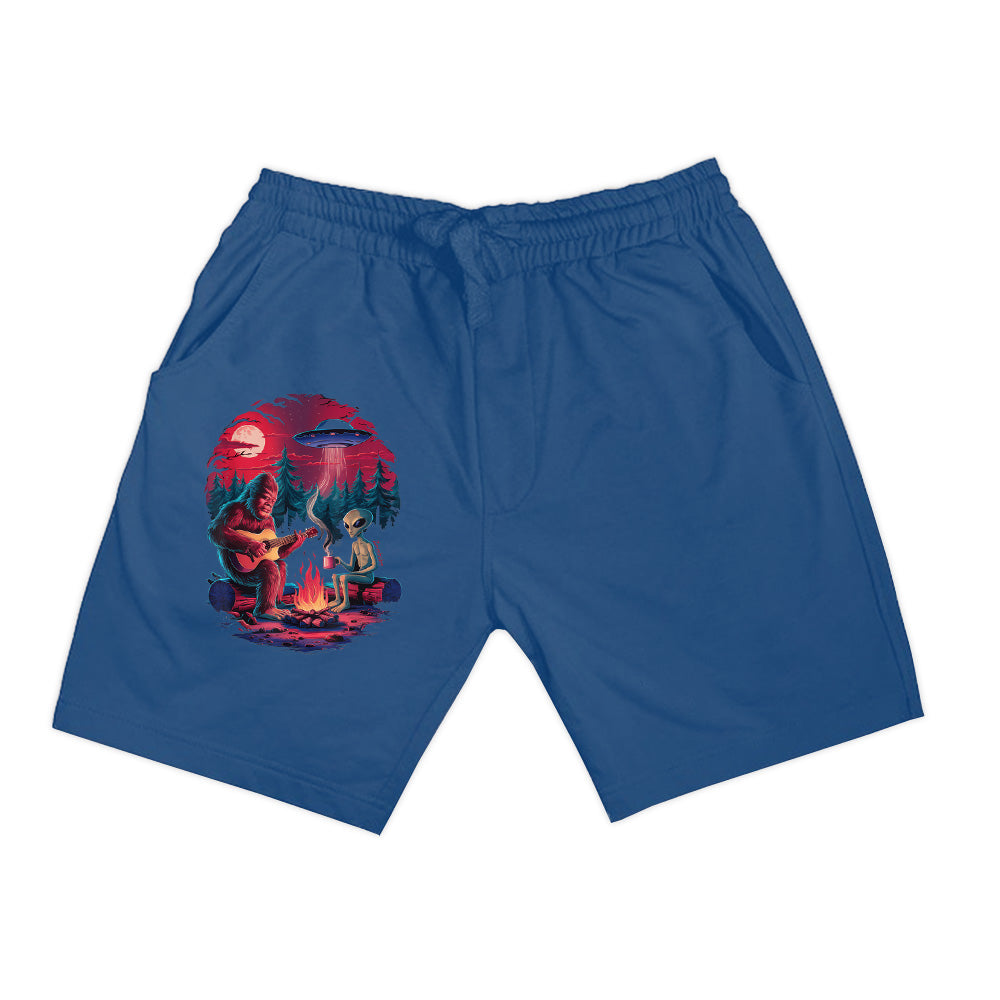 Funny Alien And Bigfoot Campfire Moon UFO Adventure Hiking Shorts
