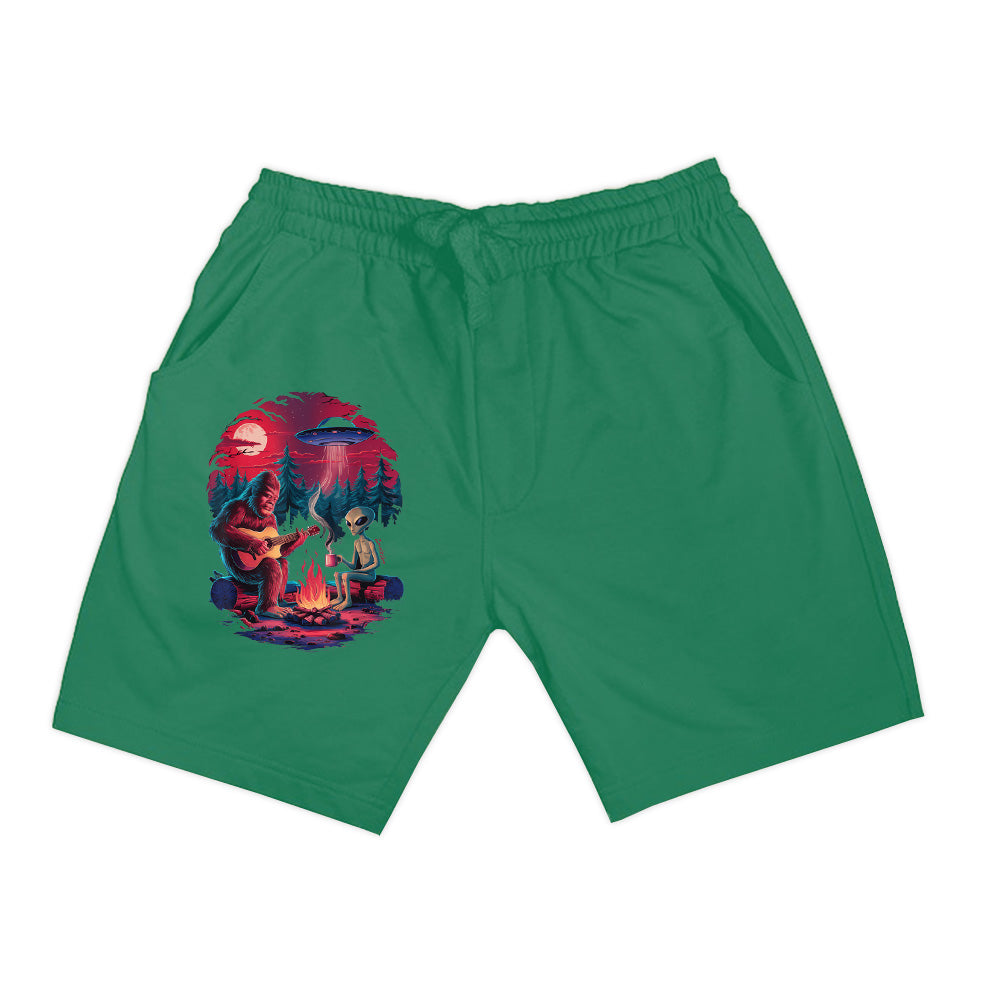 Funny Alien And Bigfoot Campfire Moon UFO Adventure Hiking Shorts