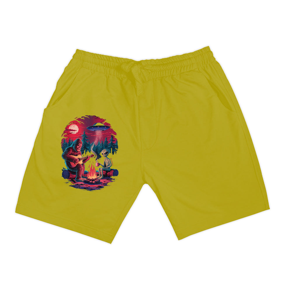 Funny Alien And Bigfoot Campfire Moon UFO Adventure Hiking Shorts
