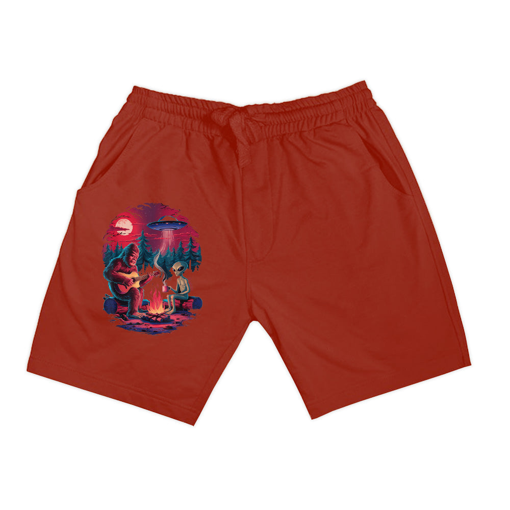 Funny Alien And Bigfoot Campfire Moon UFO Adventure Hiking Shorts