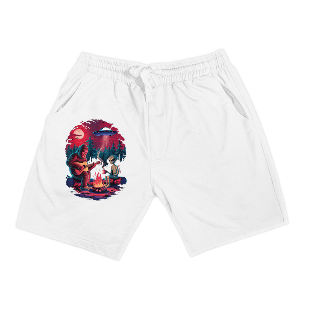 Funny Alien And Bigfoot Campfire Moon UFO Adventure Hiking Shorts