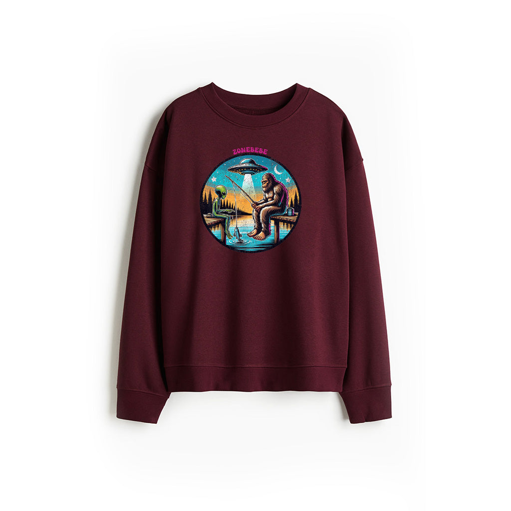 Funny Bigfoot And Alien Fishing Bigfoot And Alien UFO Sweatshirt