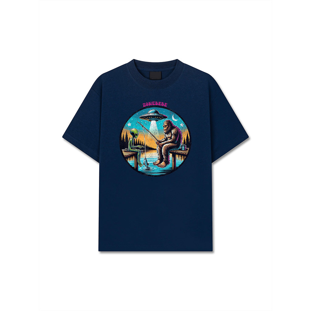 Funny Bigfoot And Alien Fishing Bigfoot And Alien UFO T-Shirt