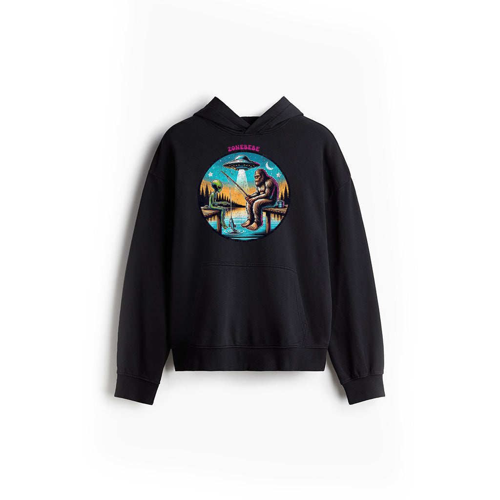 Funny Bigfoot And Alien Fishing Bigfoot And Alien UFO Hoodie
