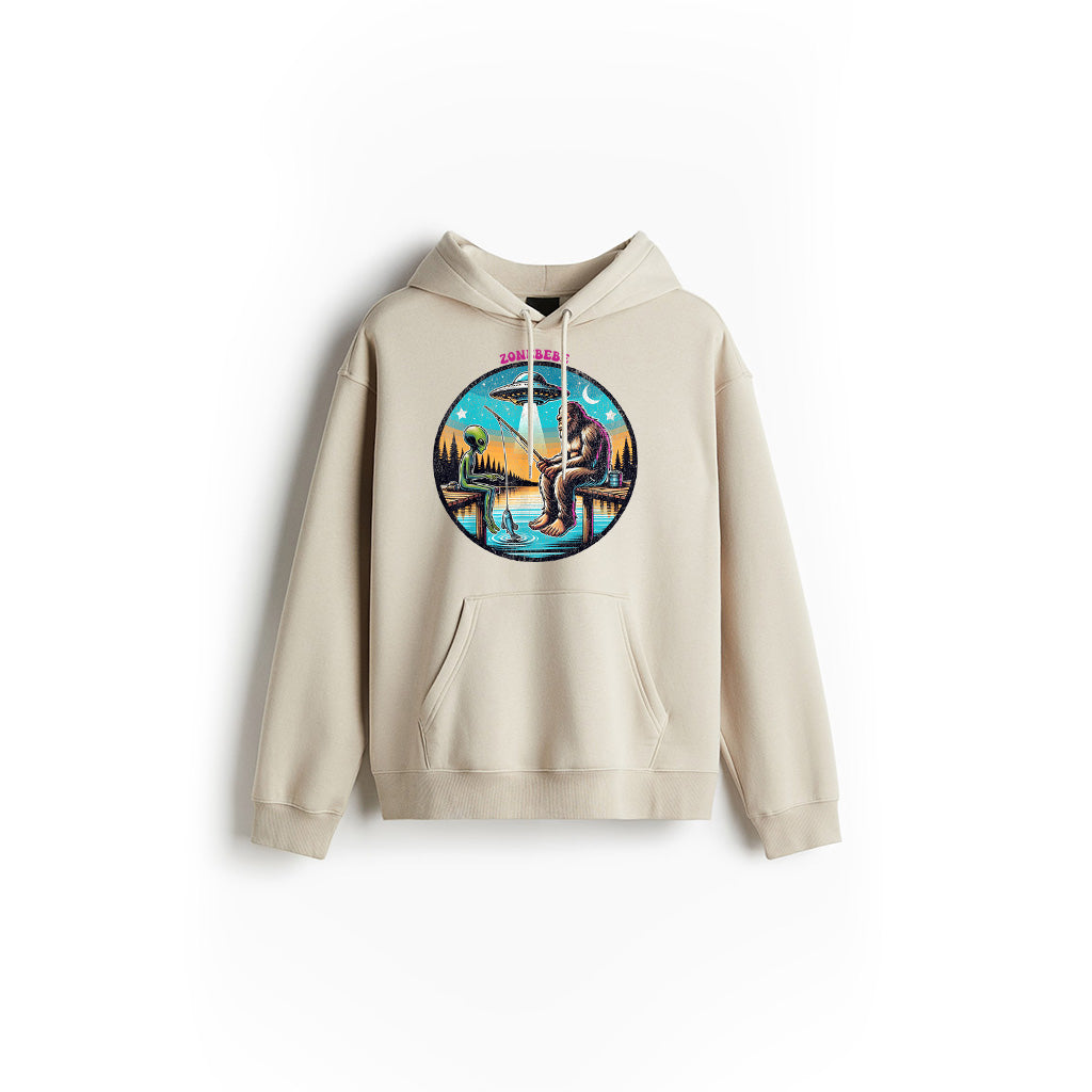Funny Bigfoot And Alien Fishing Bigfoot And Alien UFO Hoodie