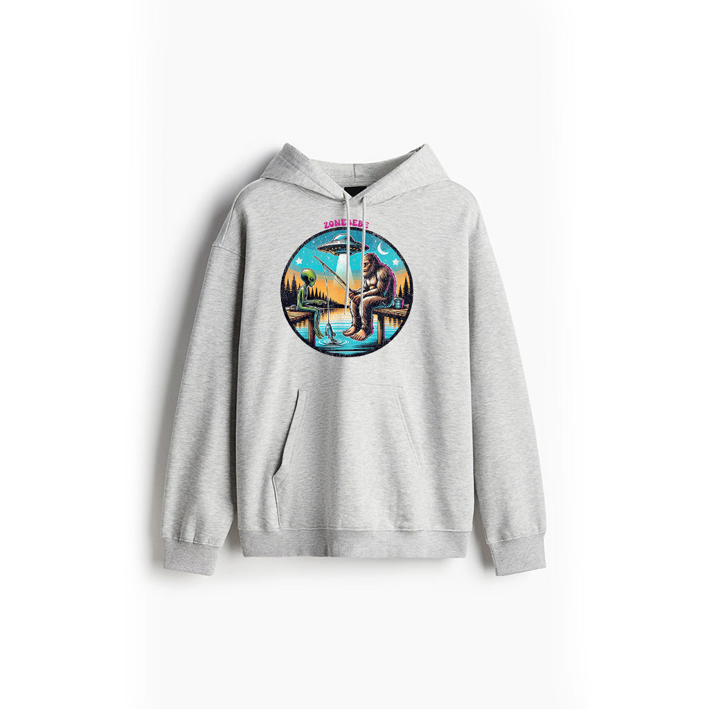 Funny Bigfoot And Alien Fishing Bigfoot And Alien UFO Hoodie