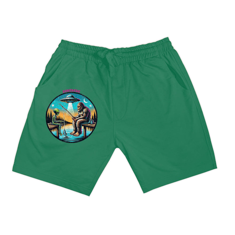 Funny Bigfoot And Alien Fishing Bigfoot And Alien UFO Shorts