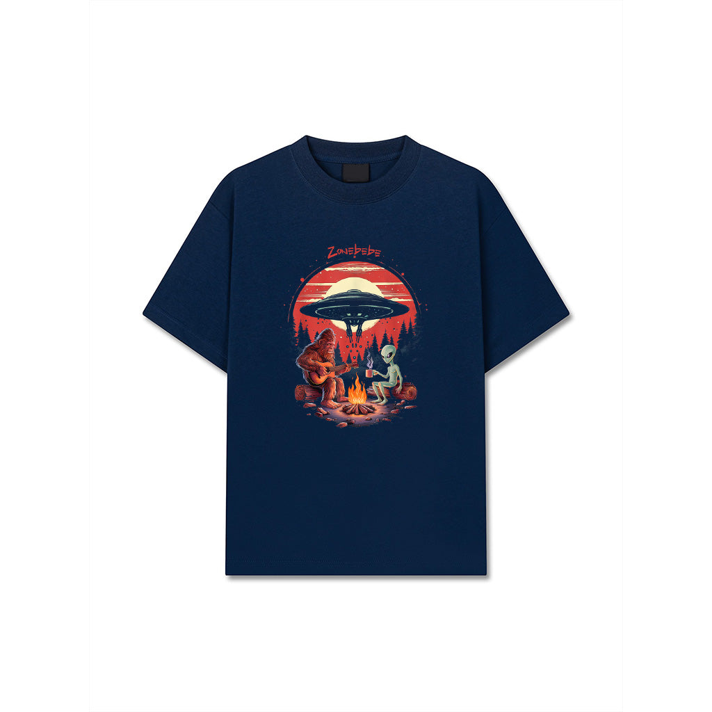 Alien And Bigfoot Campfire Sasquatch UFO For Outdoor Lovers T-Shirt
