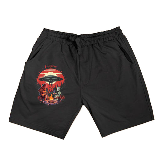 Alien And Bigfoot Campfire Sasquatch UFO For Outdoor Lovers Shorts