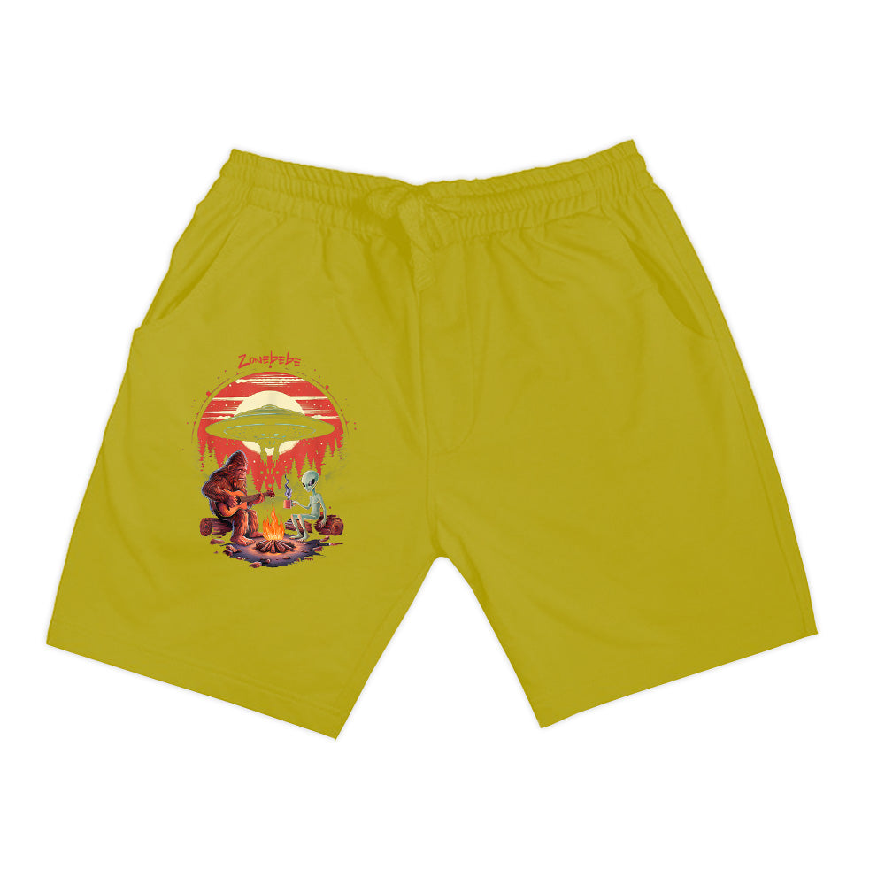Alien And Bigfoot Campfire Sasquatch UFO For Outdoor Lovers Shorts