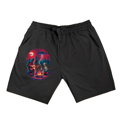 Funny Alien And Bigfoot Campfire Moon UFO Adventure Hiking Shorts