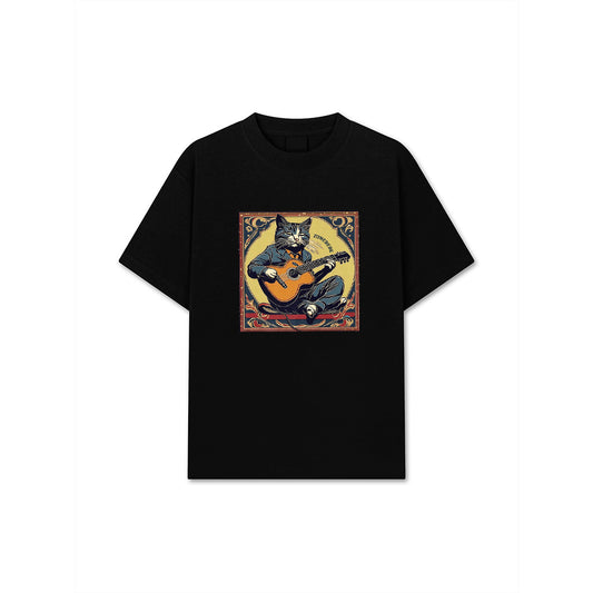 Retro Playing Acoustic Tabby Cat Guitar Music Lover Vintage Premium T-Shirt